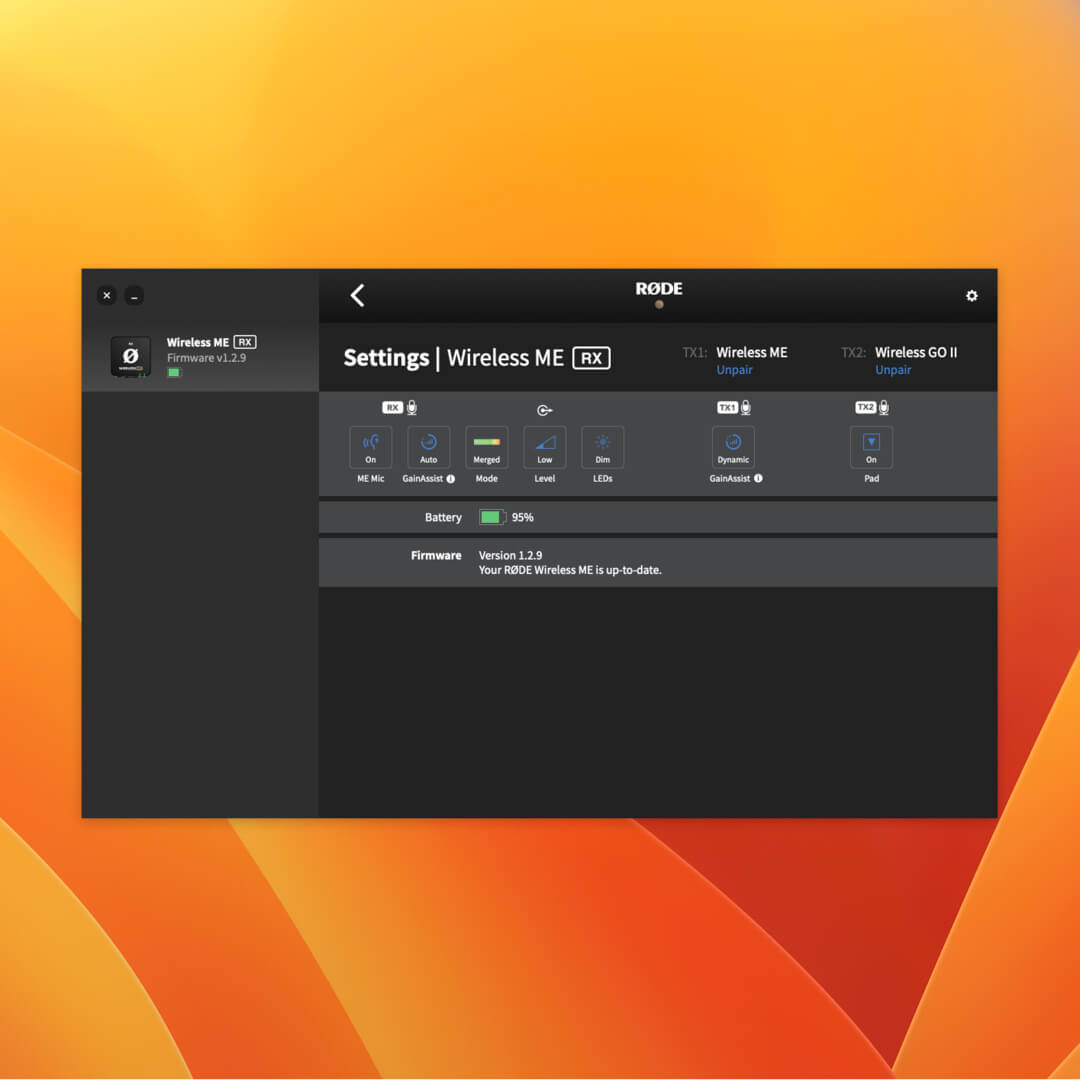 Wireless ME RX settings in RØDE Central showing multiple TX connected